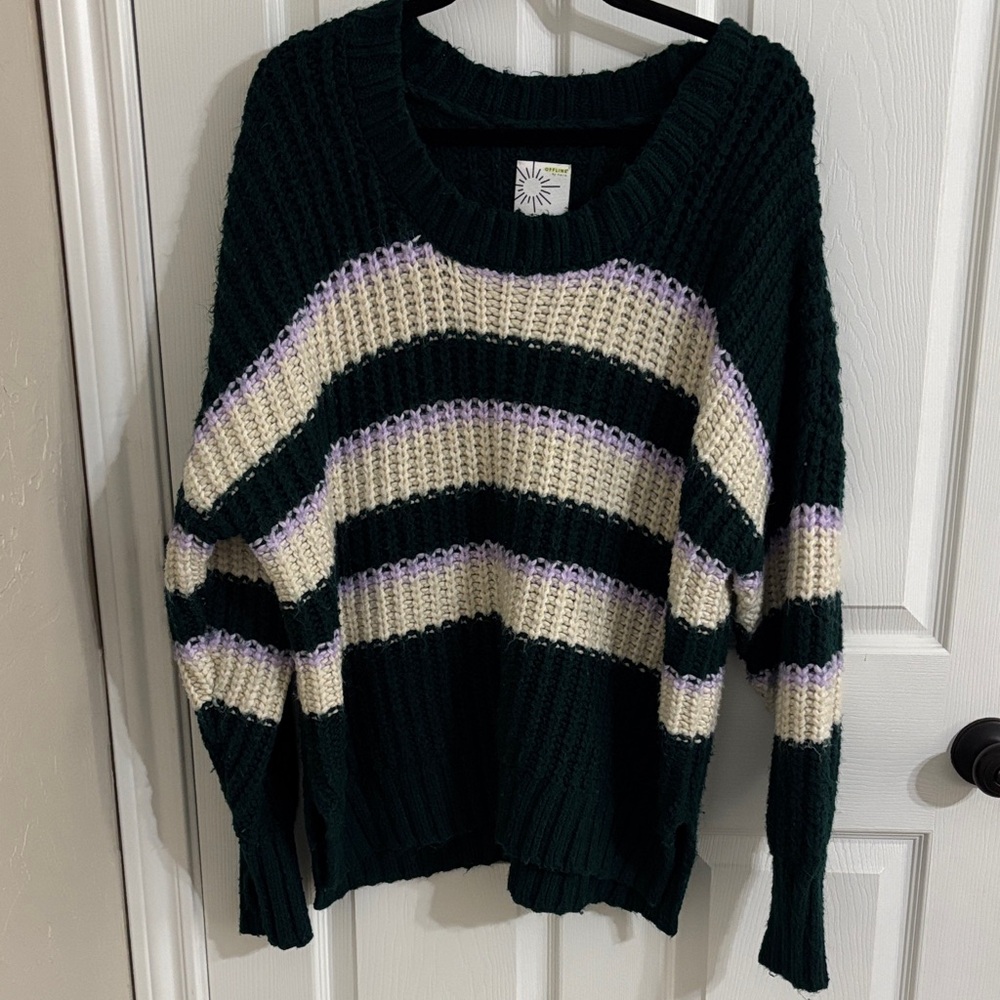 Aerie Dark Green and Cream Striped Sweater